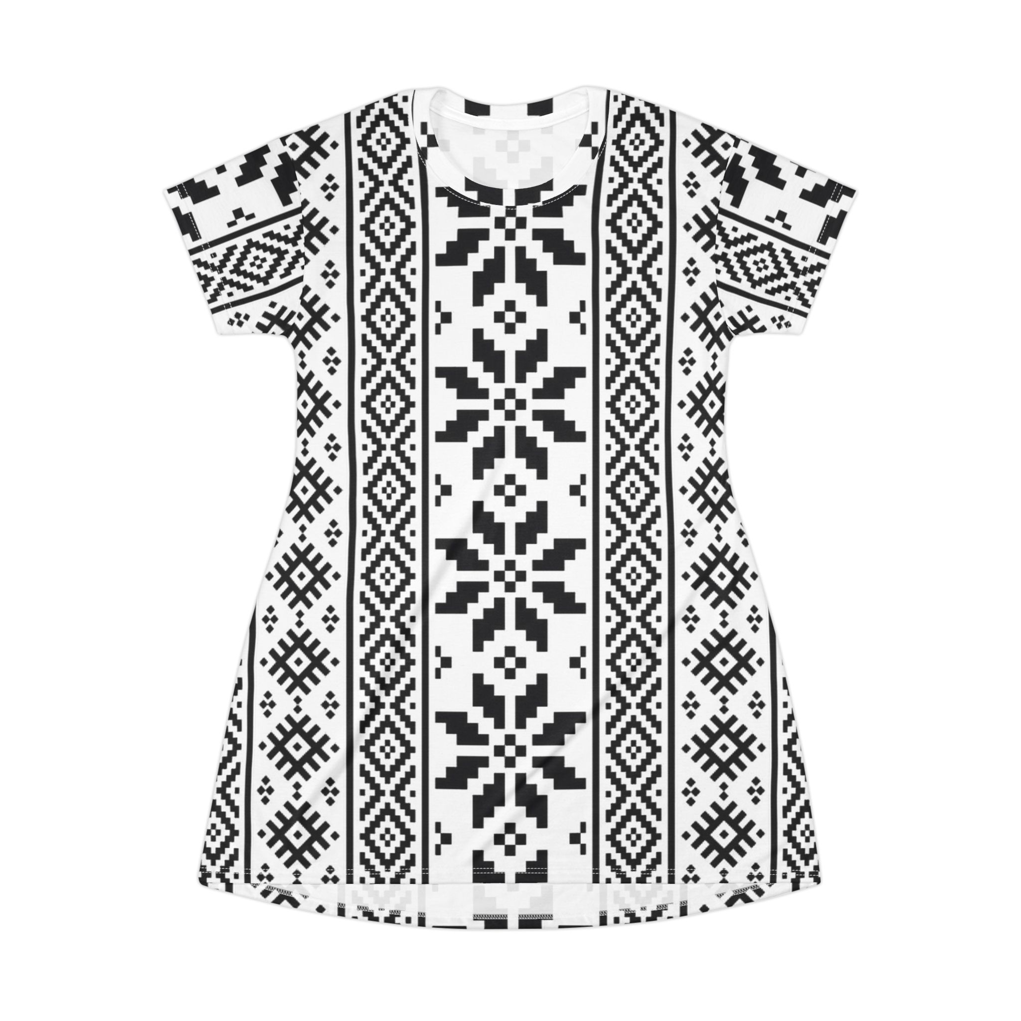 Nordic Pixel Snowflake T-Shirt Dress — Black & White All-Over Print - Image 2