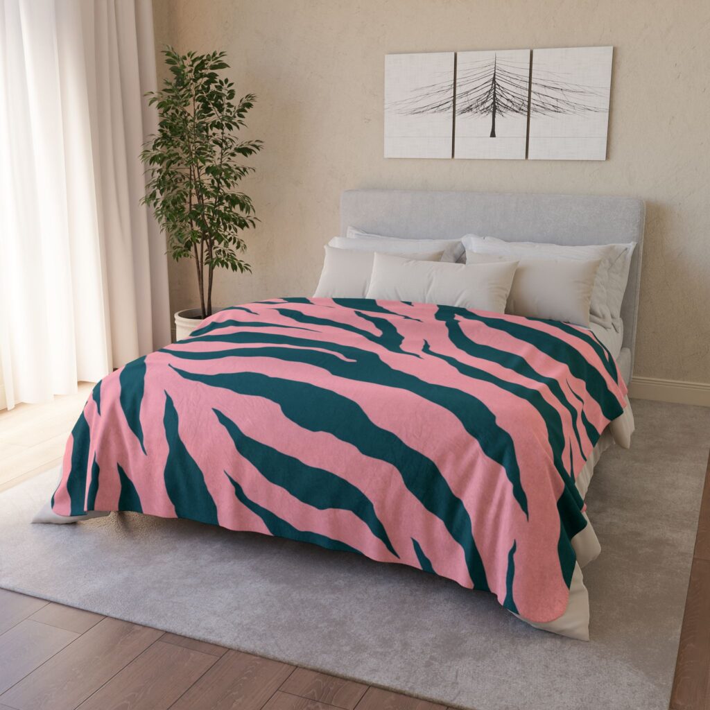 Pink Teal Zebra Print Sherpa Blanket — Cozy Fleece Throw for Home, Dorm & Gifts