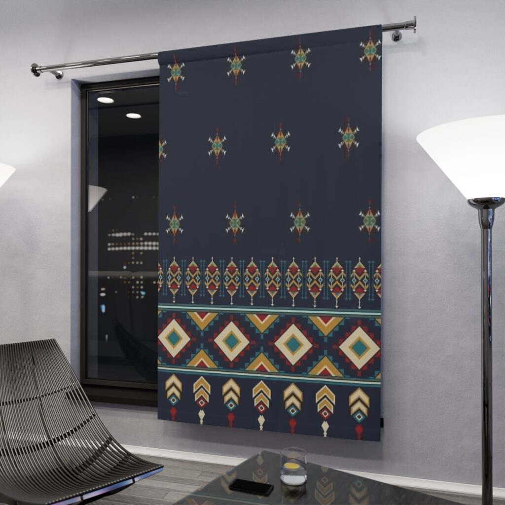 Boho Geometric Window Curtain - Navy Tribal Pattern Single Panel