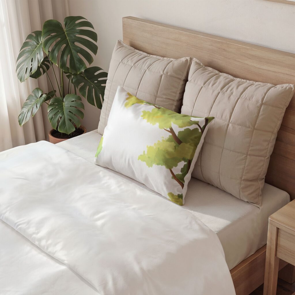 Cotton Pillow Sham with Soft Green Tree Leaf Design