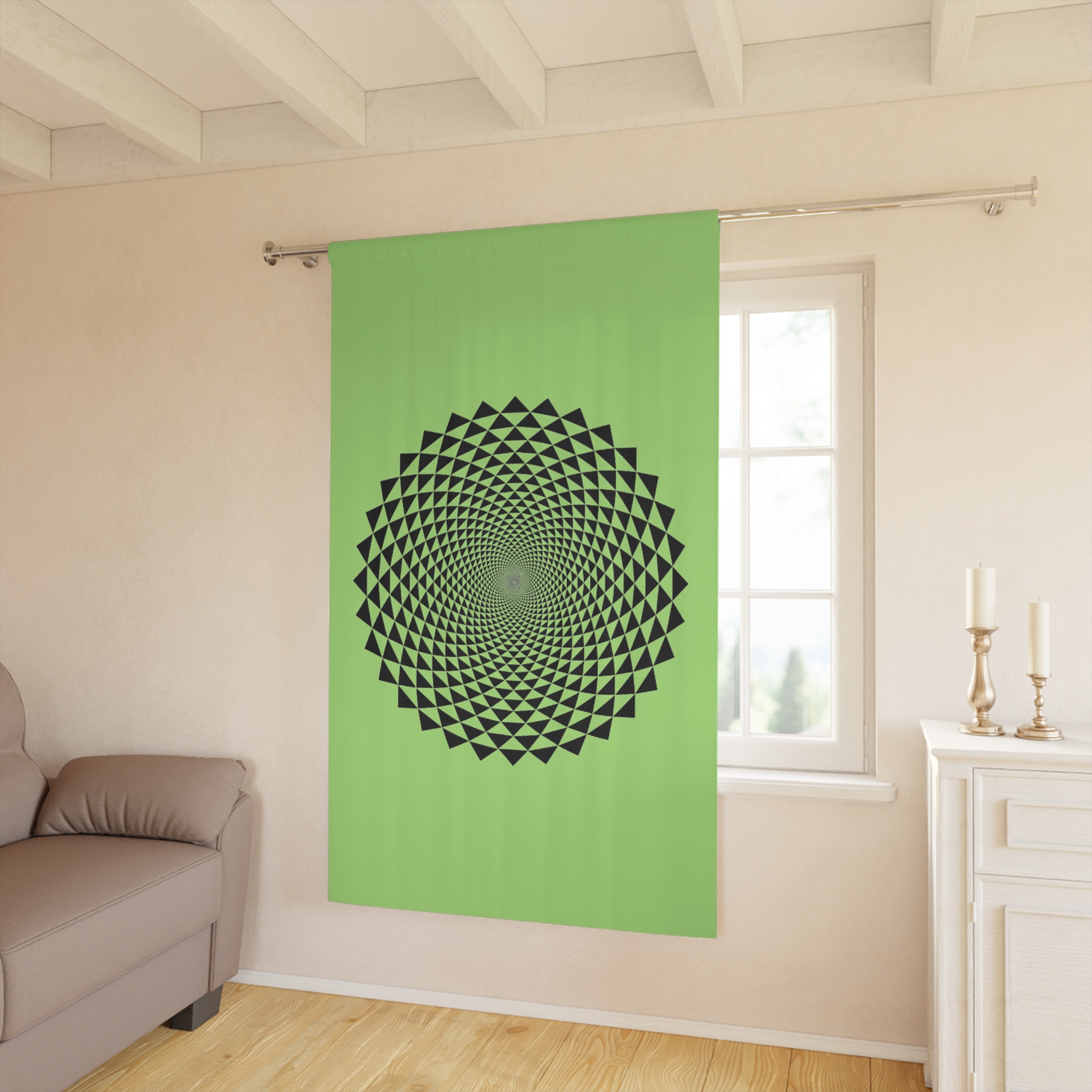 Geometric Spiral Window Curtain - Green Black Optical Print - Image 2