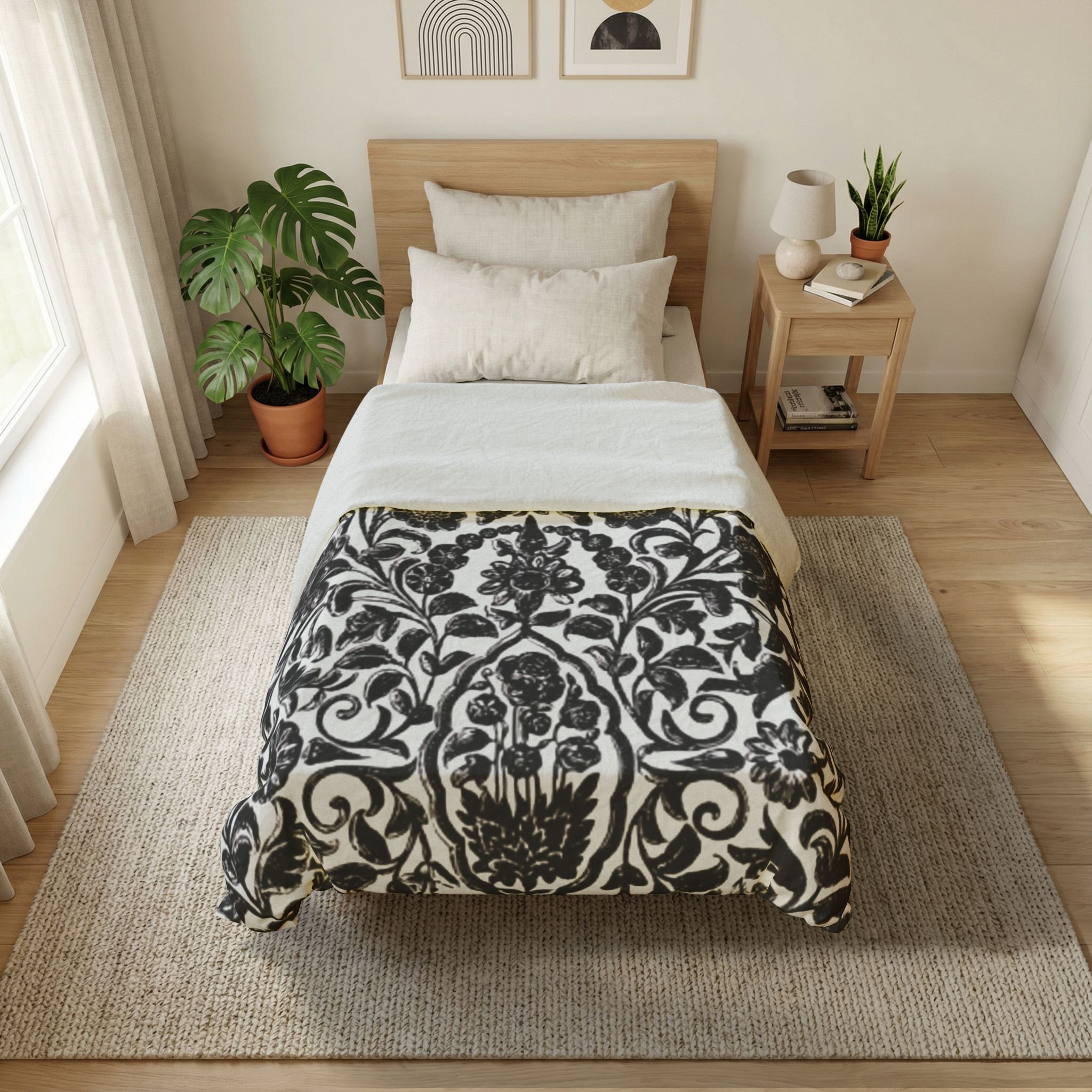 Black and White Botanical Damask Cotton Duvet Cover - Image 3