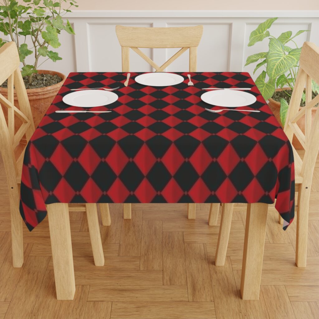 Red & Black Harlequin Tablecloth - Checker Diamond Pattern for Dining, Party & Halloween