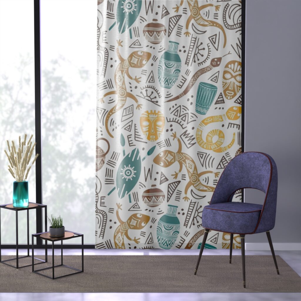 Boho Tribal Print Window Curtain - Ethnic Mask & Pottery Sheer Drapes