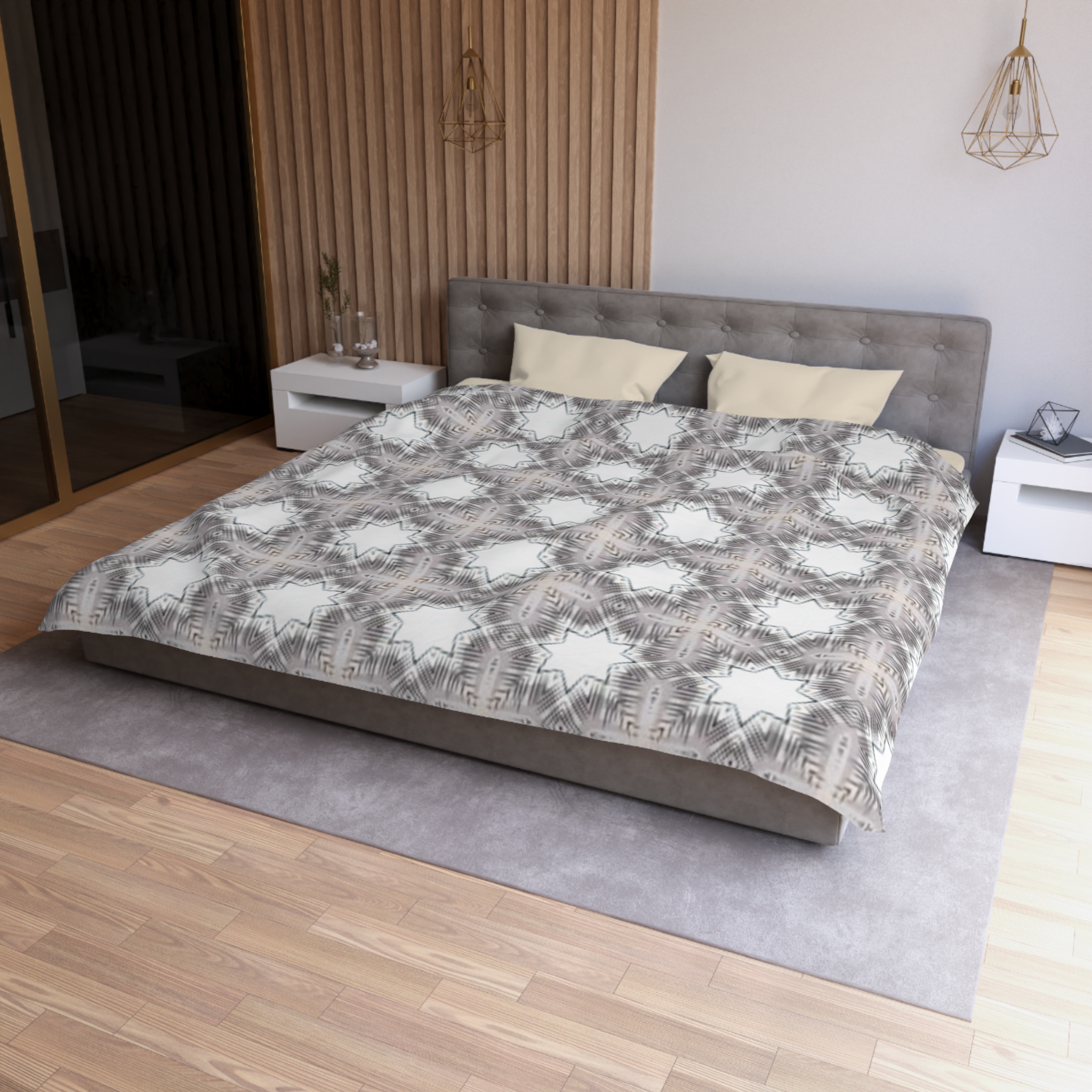 Gray Geometric Moroccan Star Microfiber Duvet Cover - Image 15