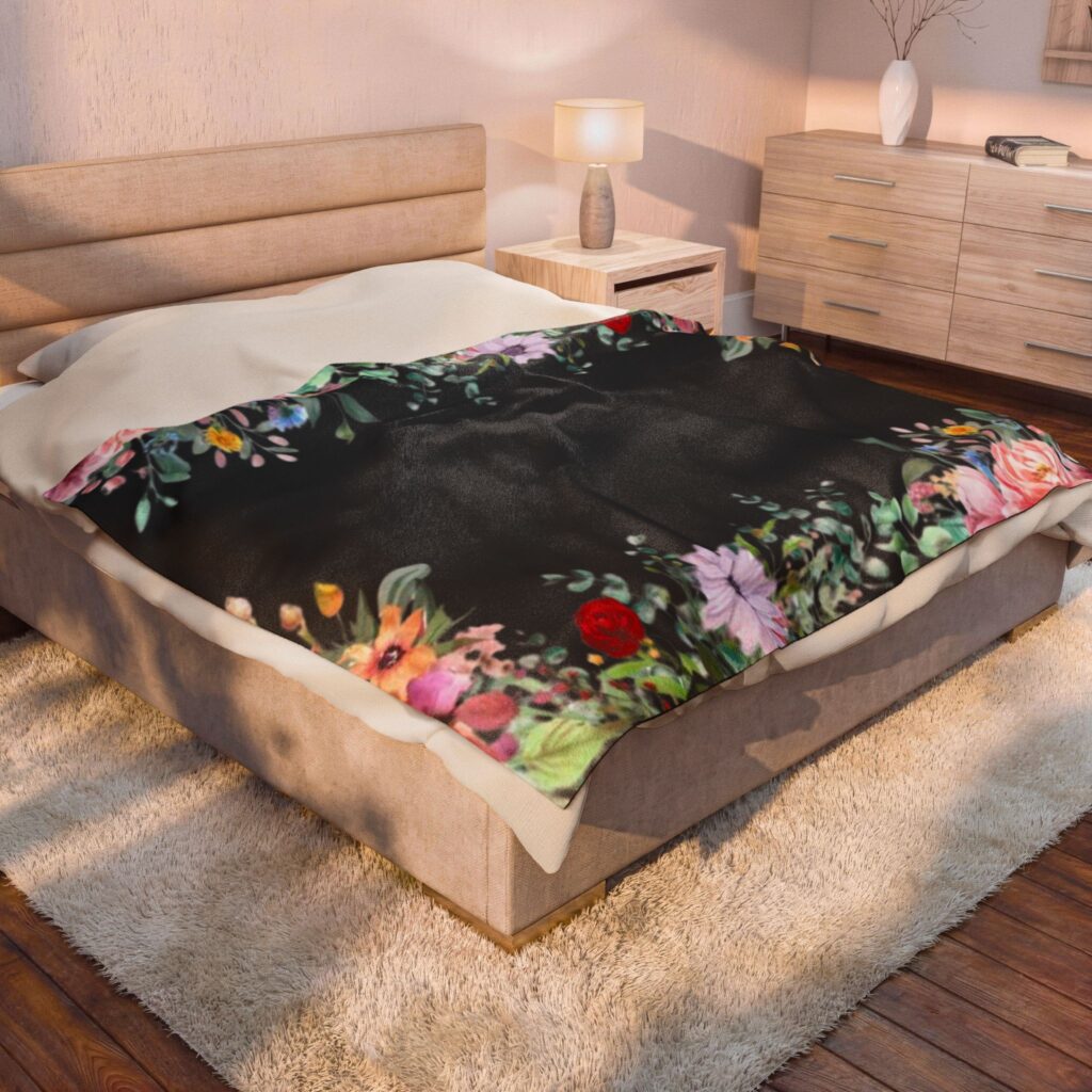 Black Floral Border Velveteen Plush Blanket