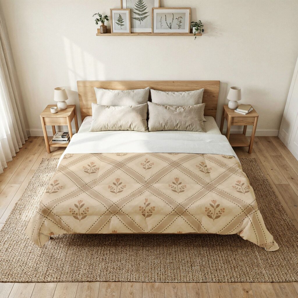Cotton Comforter – Neutral Plaid Botanical Bedding