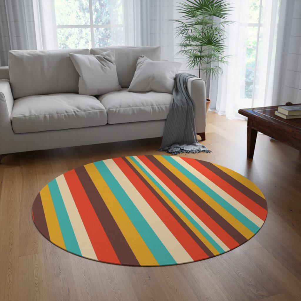 Retro Stripes Round Rug — Mid-Century Colorful Circle Floor Mat