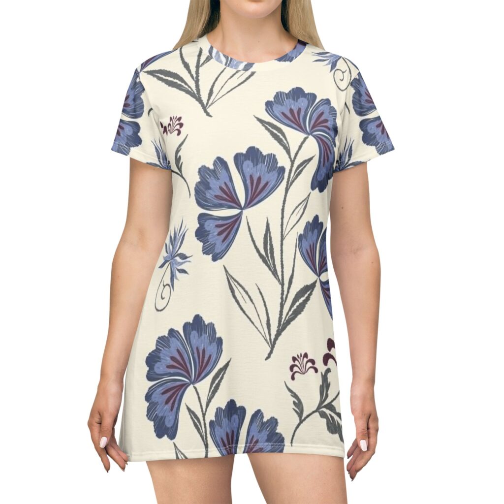 Floral T-Shirt Dress — Blue Vintage Botanical All-Over Print