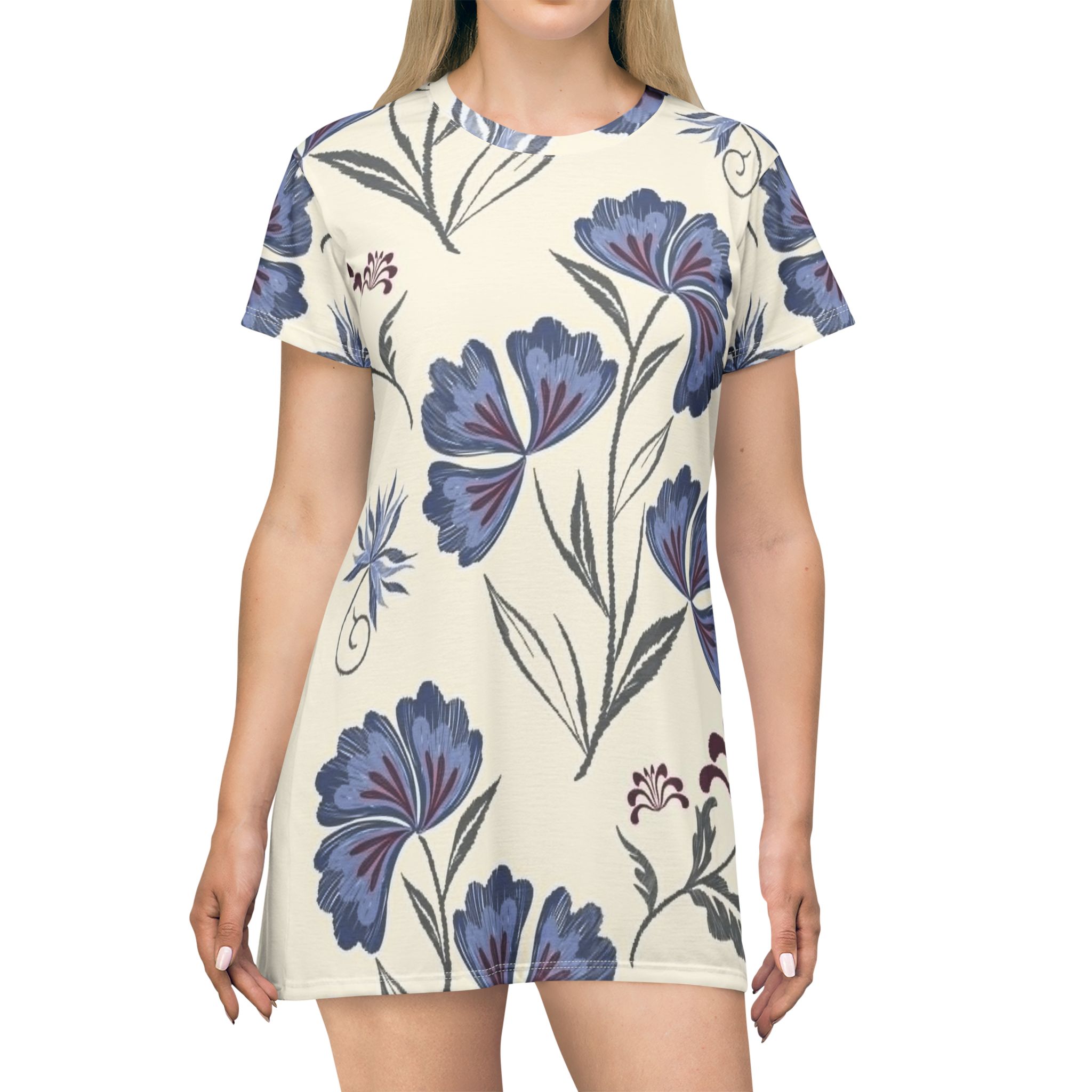 Floral T-Shirt Dress — Blue Vintage Botanical All-Over Print
