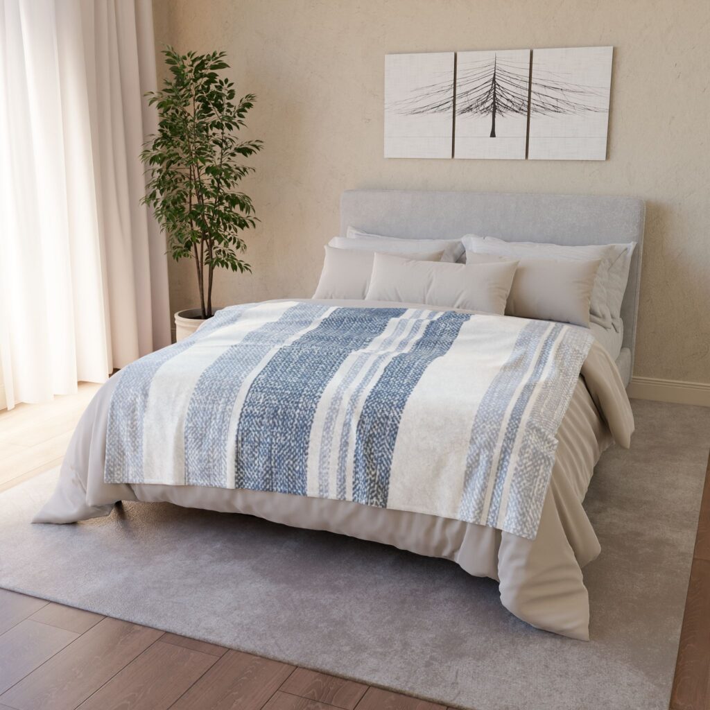 Blue and White Striped Soft Polyester Blanket