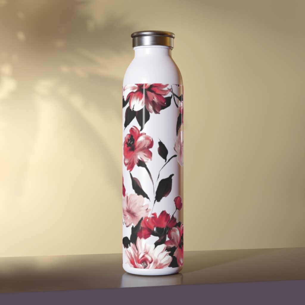Pink Floral Water Bottle | Slim Stainless Steel Bottle, Rose Pattern