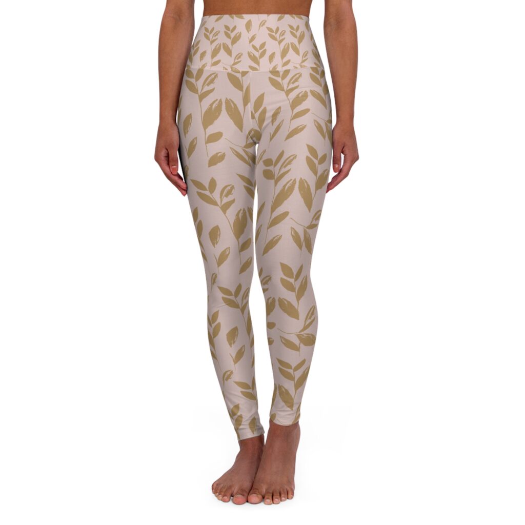 Neutral Leaf Pattern High Waisted Leggings | Botanical Yoga Leggings