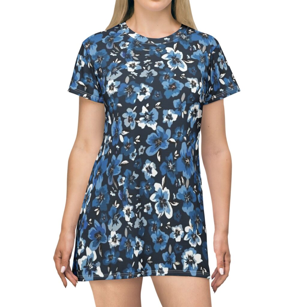 Blue Floral T-Shirt Dress - All-Over Print Casual Summer Dress
