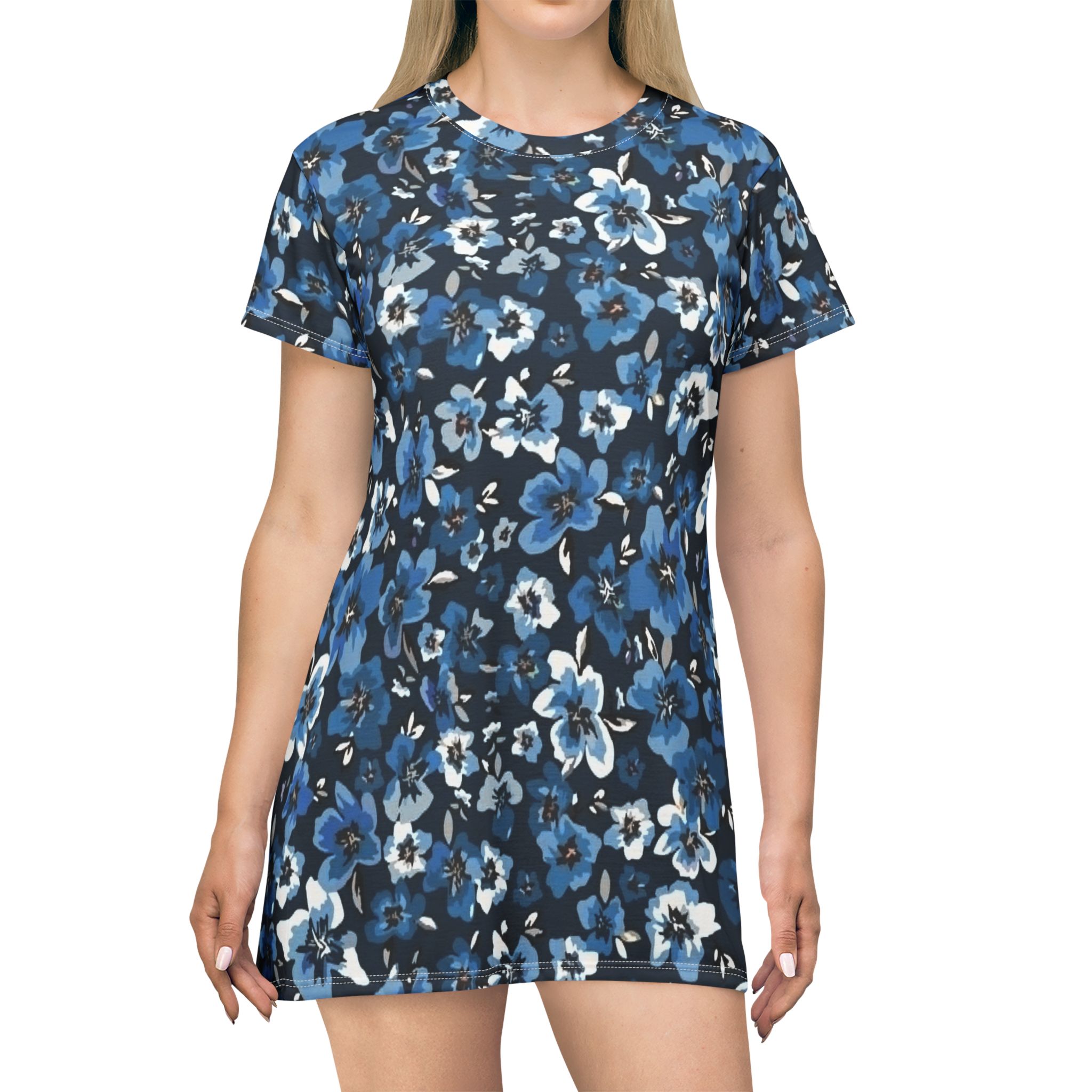Blue Floral T-Shirt Dress - All-Over Print Casual Summer Dress