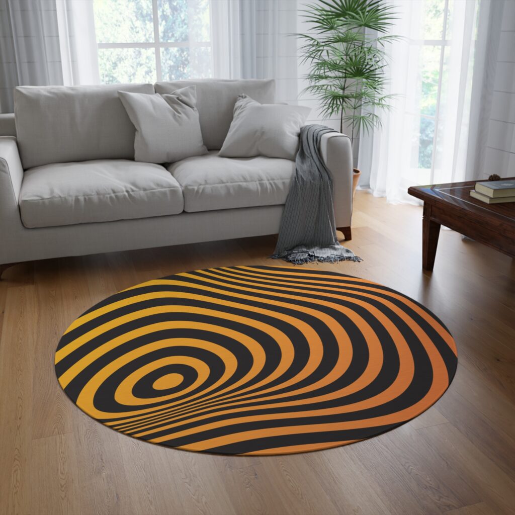 Abstract Orange Waves Round Rug — Mid-Century Modern Swirl Accent Mat