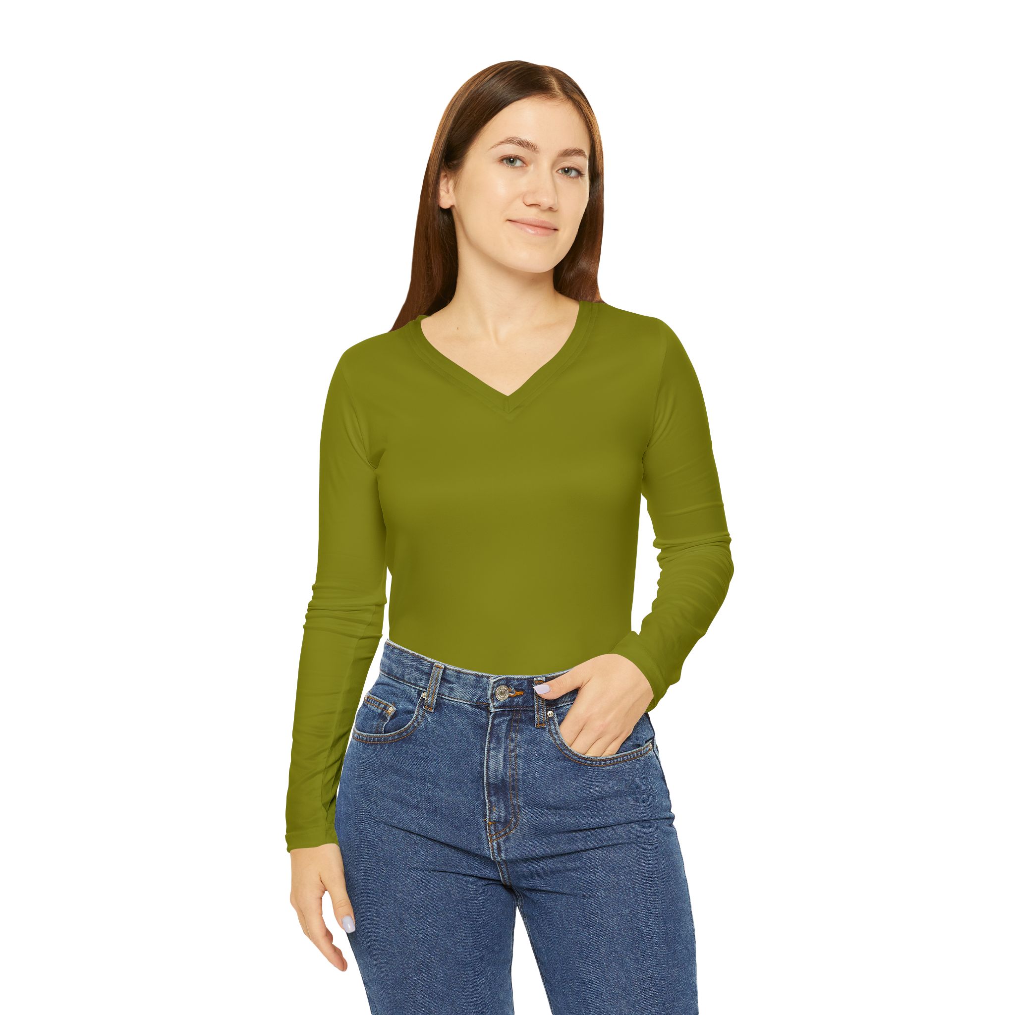 Olive V-Neck Long Sleeve Shirt | Plain Solid Color Women's Top