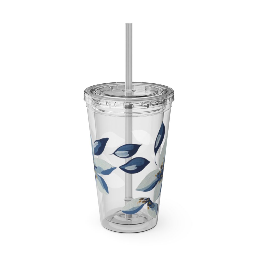 Blue Watercolor Floral Sunsplash Tumbler with Straw