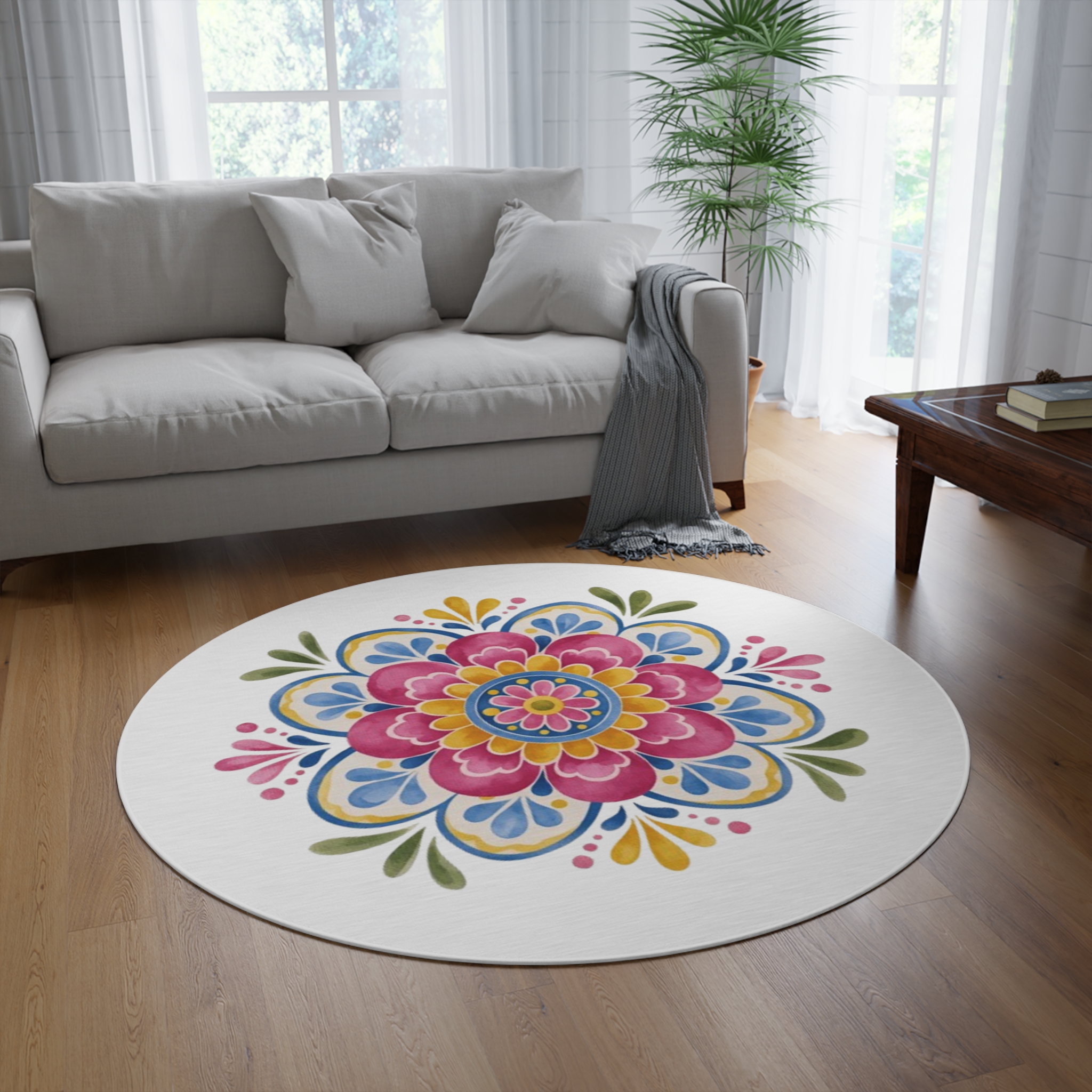 Colorful Floral Mandala Round Rug