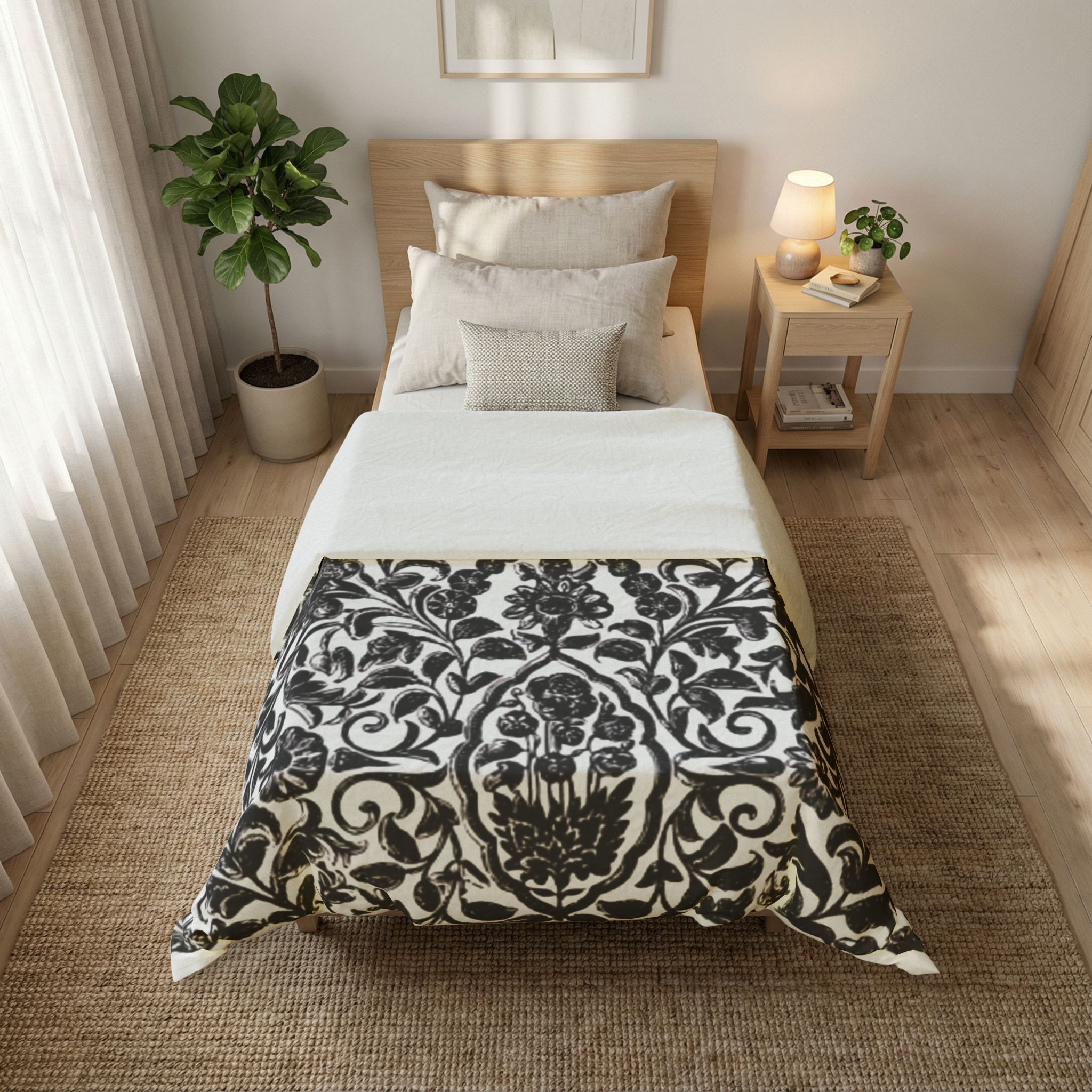 Black and White Botanical Damask Cotton Duvet Cover - Image 5