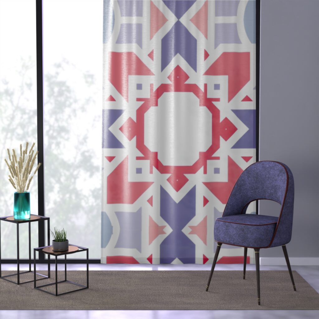 Geometric Moroccan Window Curtain — Red, Blue & Lavender Sheer Panel