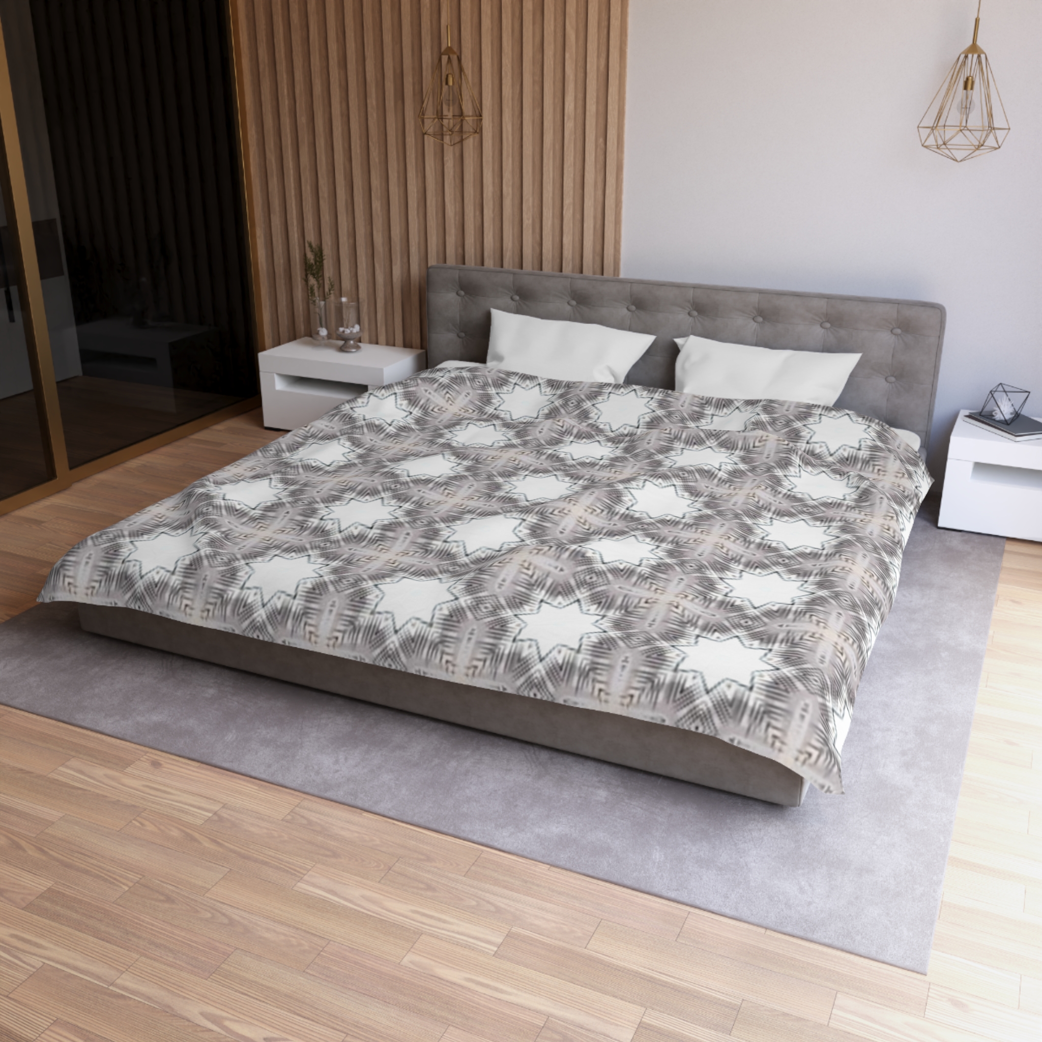 Gray Geometric Moroccan Star Microfiber Duvet Cover - Image 18