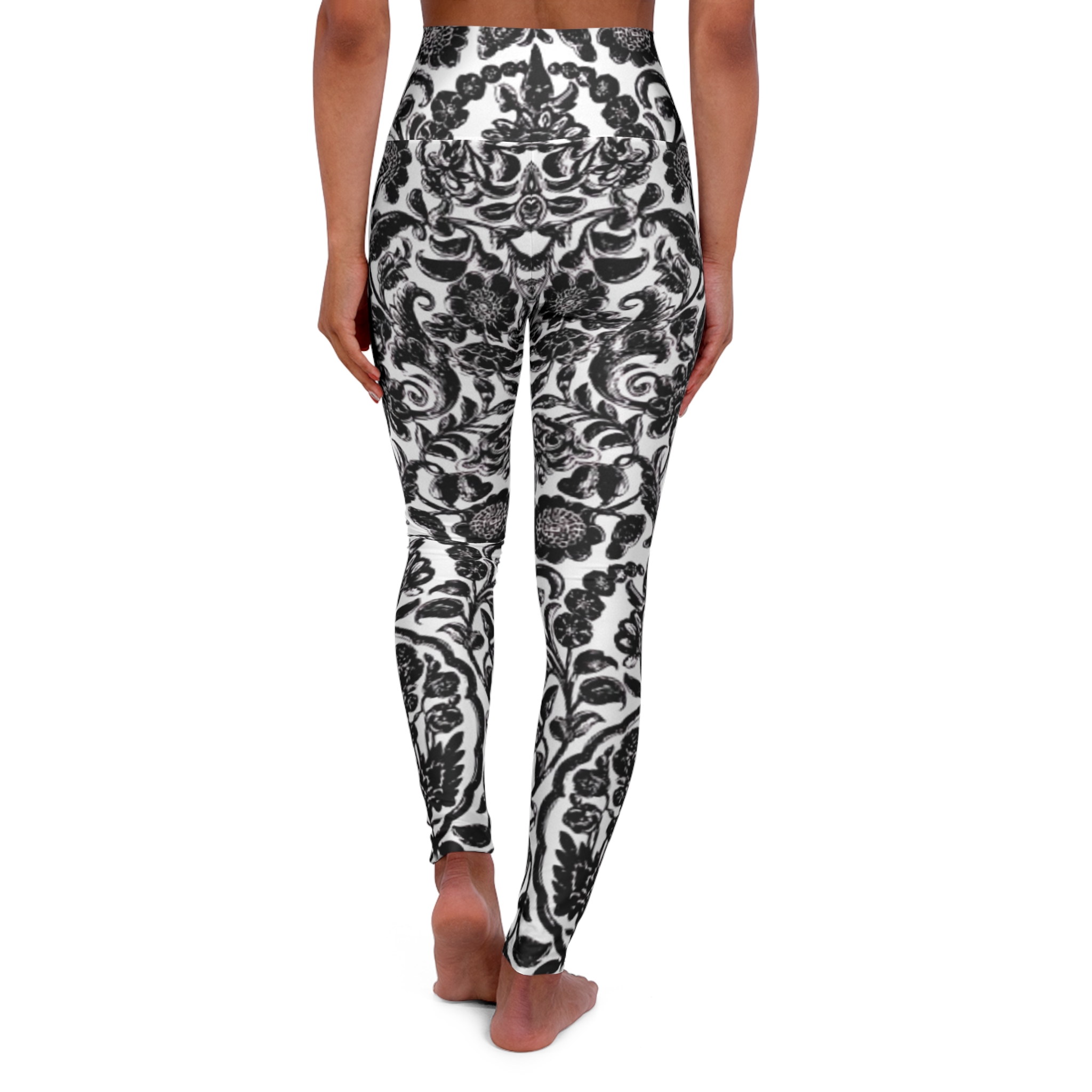 Black and White Ornate Floral High-Waisted Yoga Leggings - Image 3