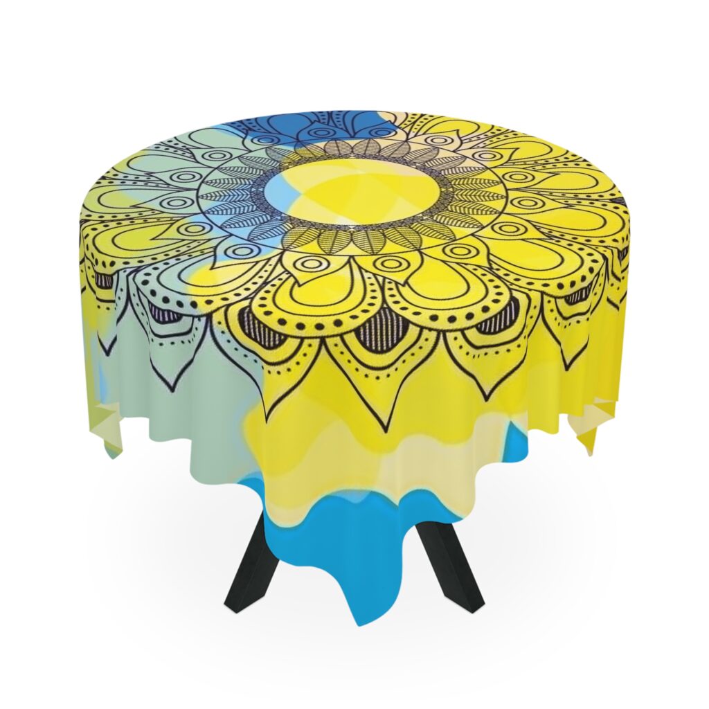 Sunburst Mandala Tablecloth — Bright Yellow & Blue Boho Dining Cloth