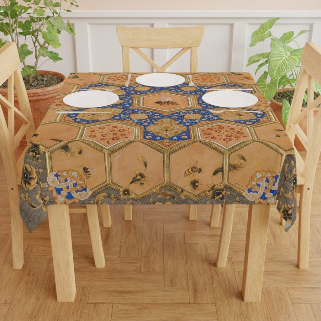 Persian-Inspired Geometric Tablecloth — Blue & Gold Medallion Dining Cover
