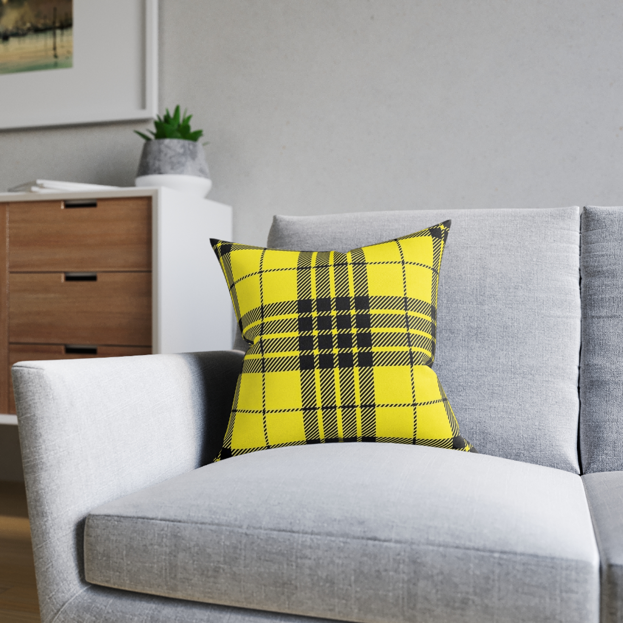 Yellow Black Plaid Square Pillow