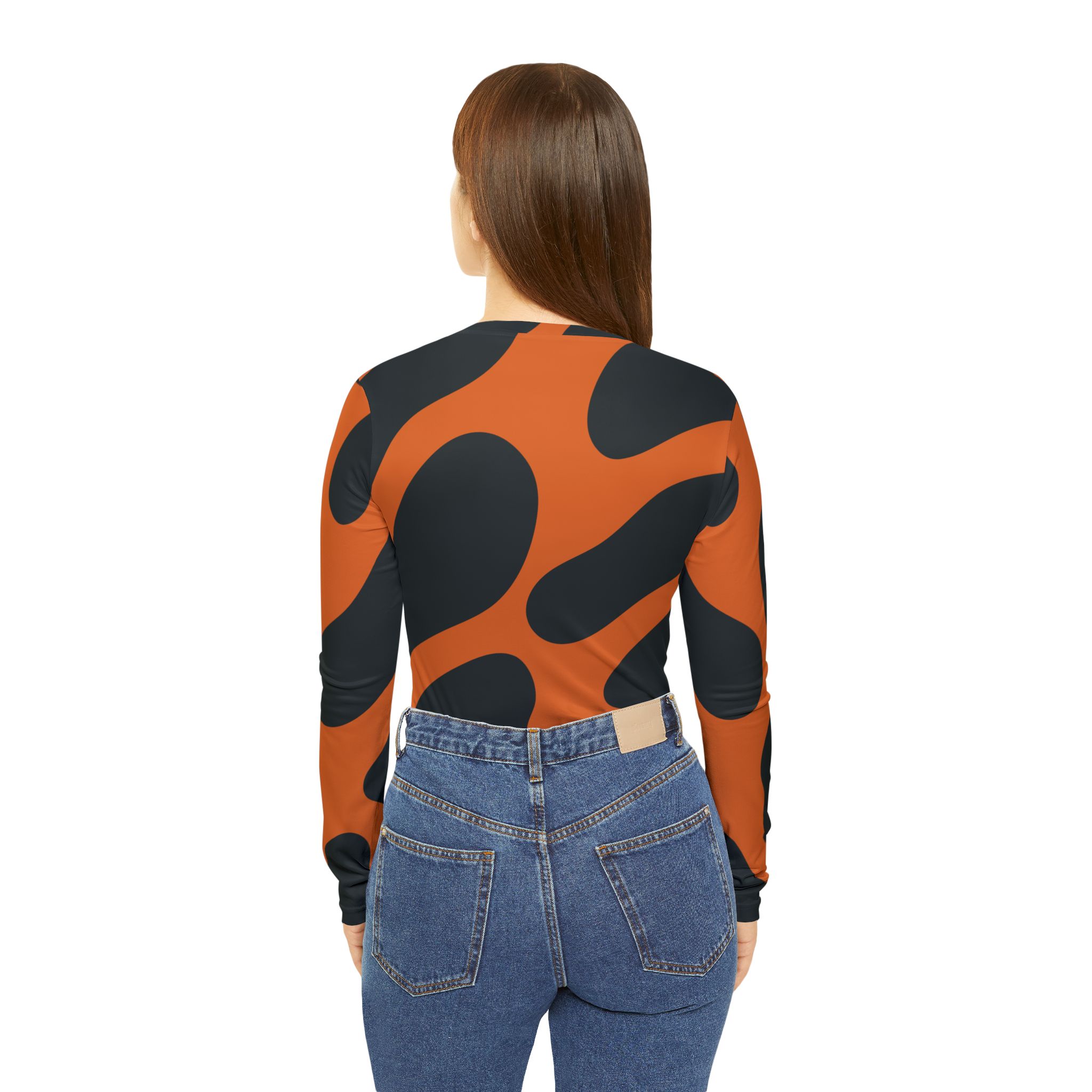 Orange Black Leopard Print Sleeves Long Sleeve V-neck Shirt - Image 4