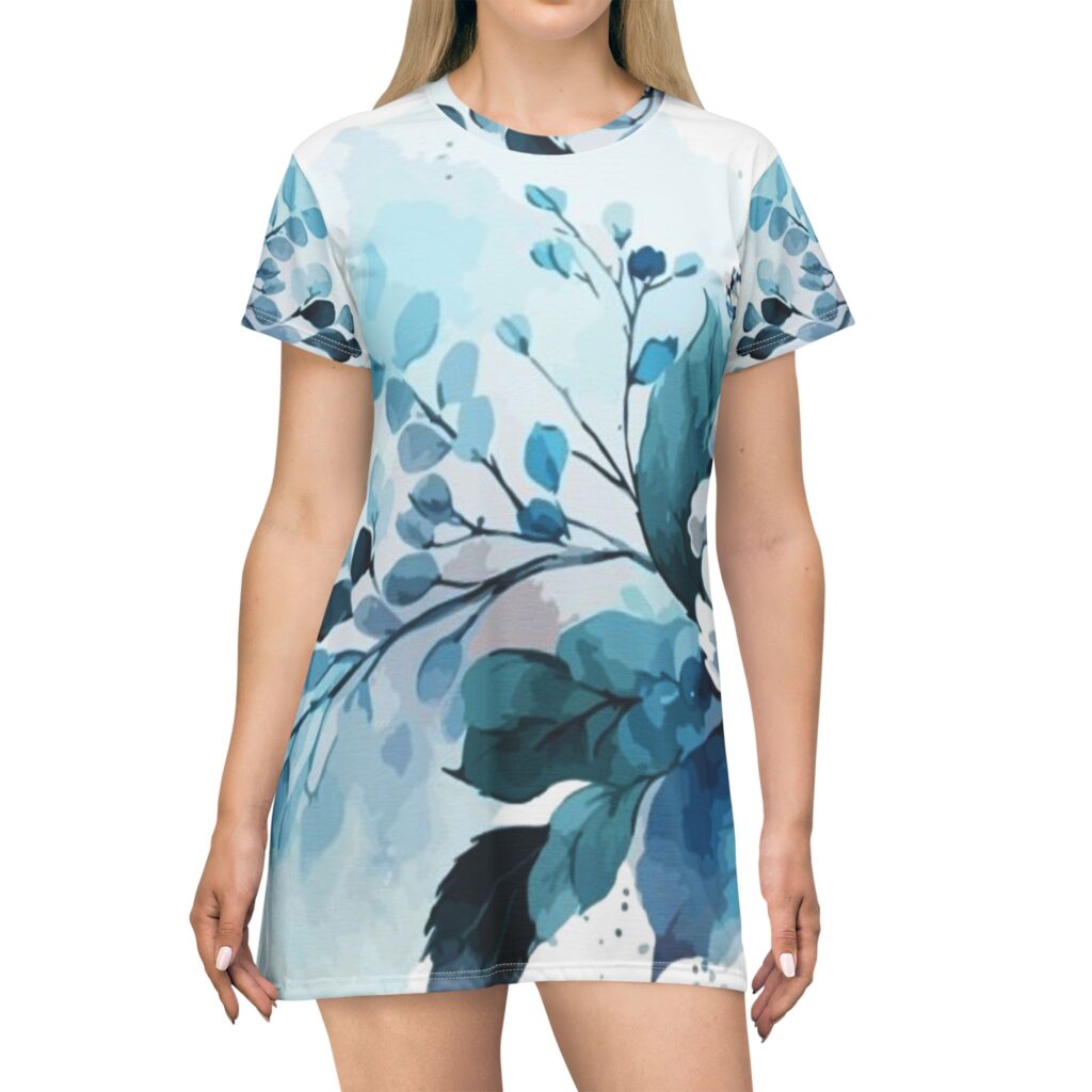 Blue Watercolor Floral T-Shirt Dress | Floral AOP