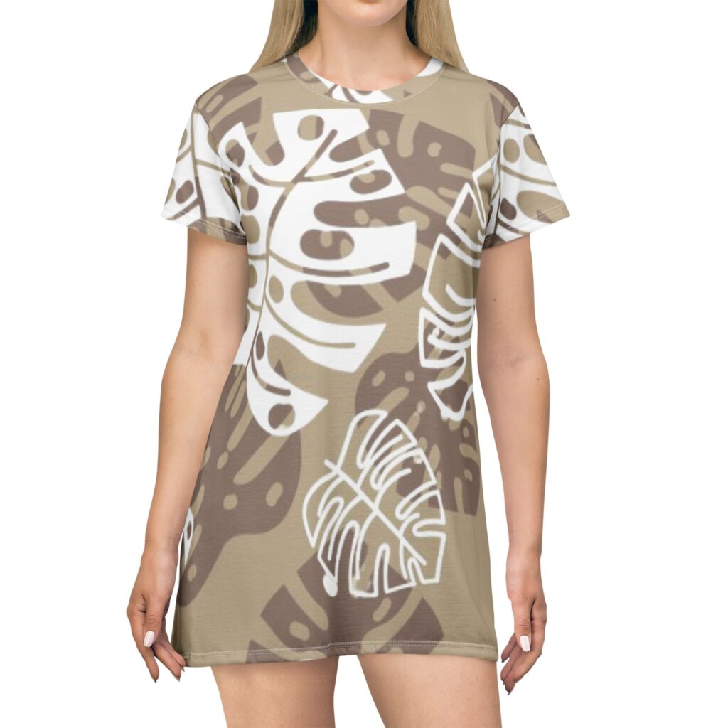 T-Shirt Dress – Neutral Tropical Monstera Leaf Print