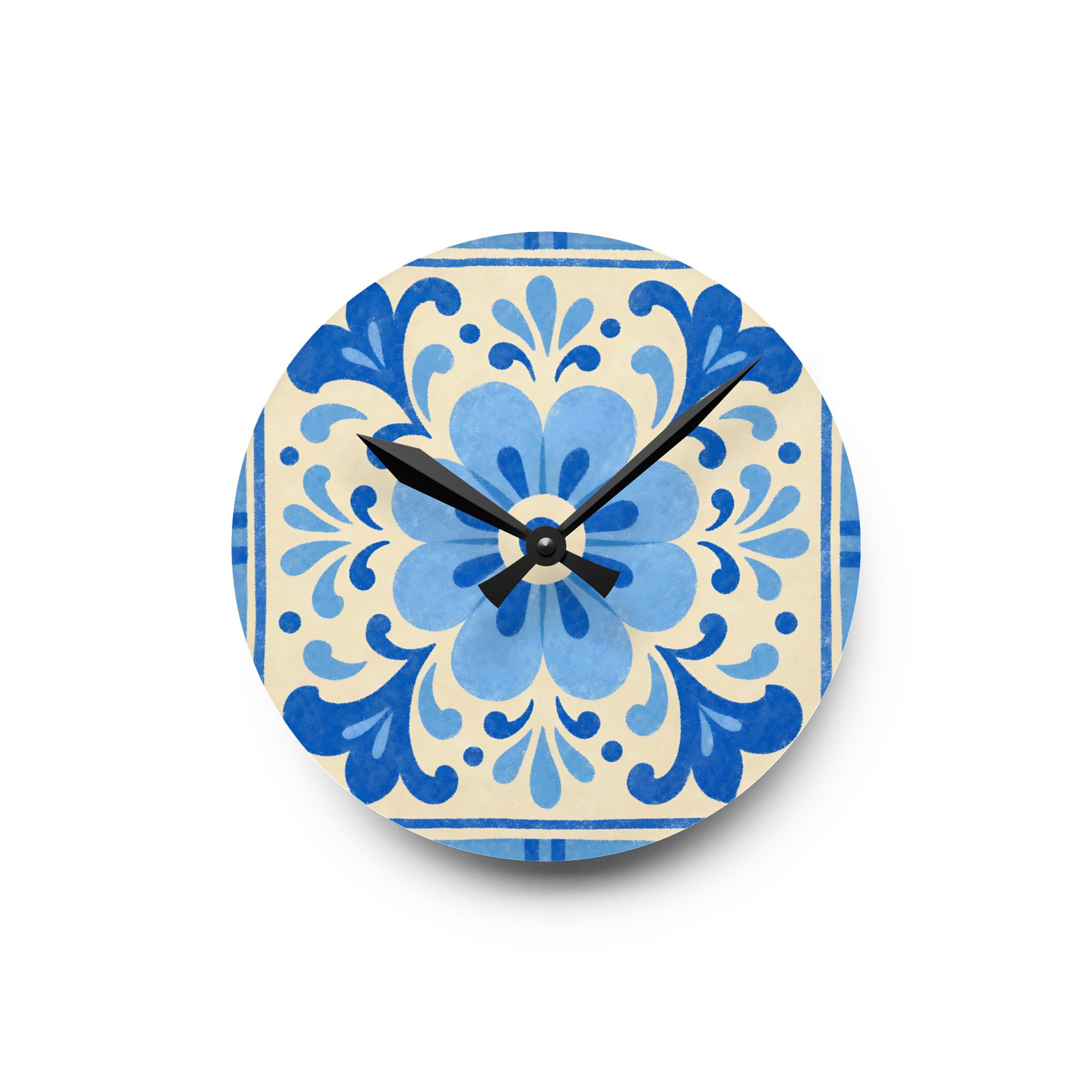 Blue Floral Ceramic-Style Acrylic Wall Clock - Image 5