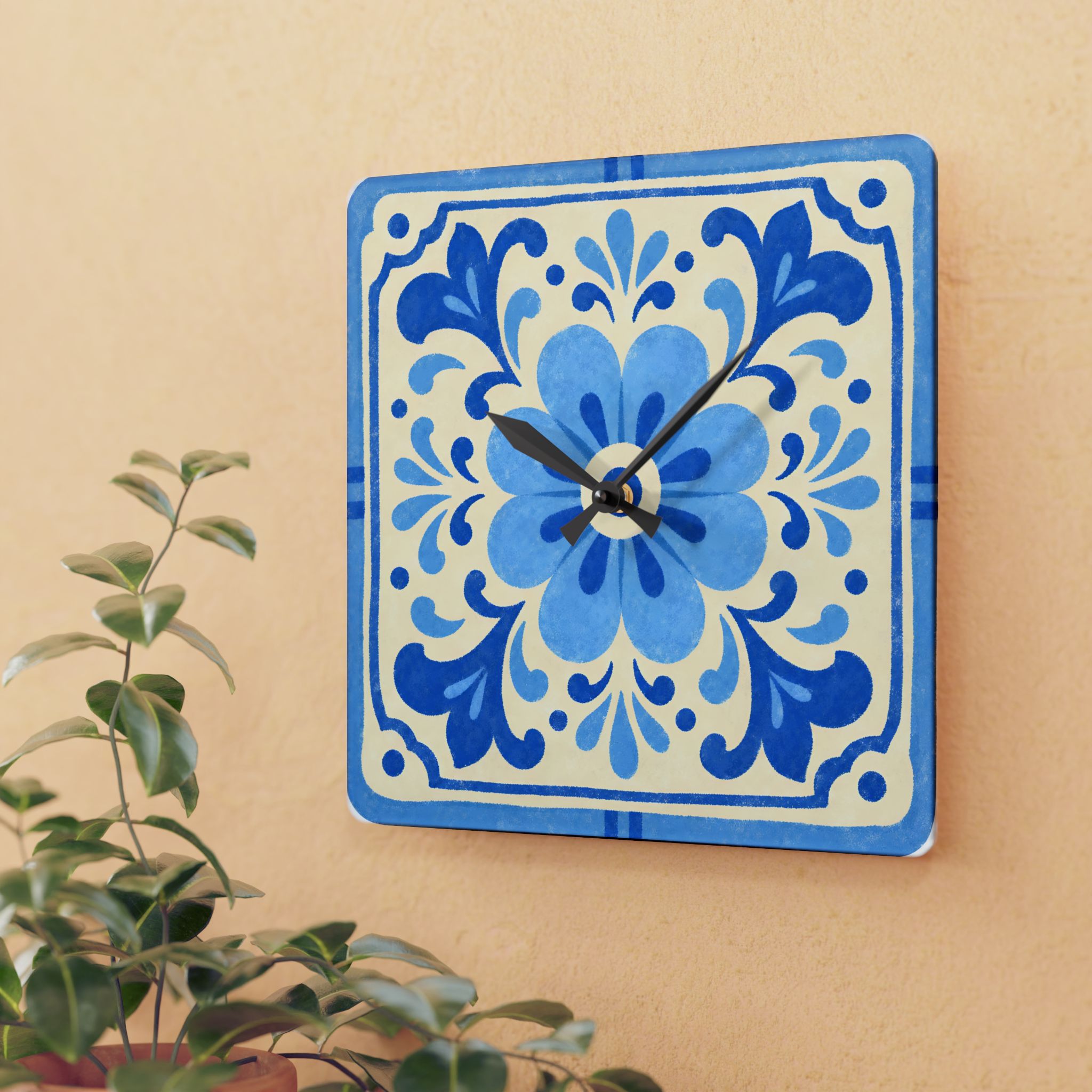 Blue Floral Ceramic-Style Acrylic Wall Clock - Image 3
