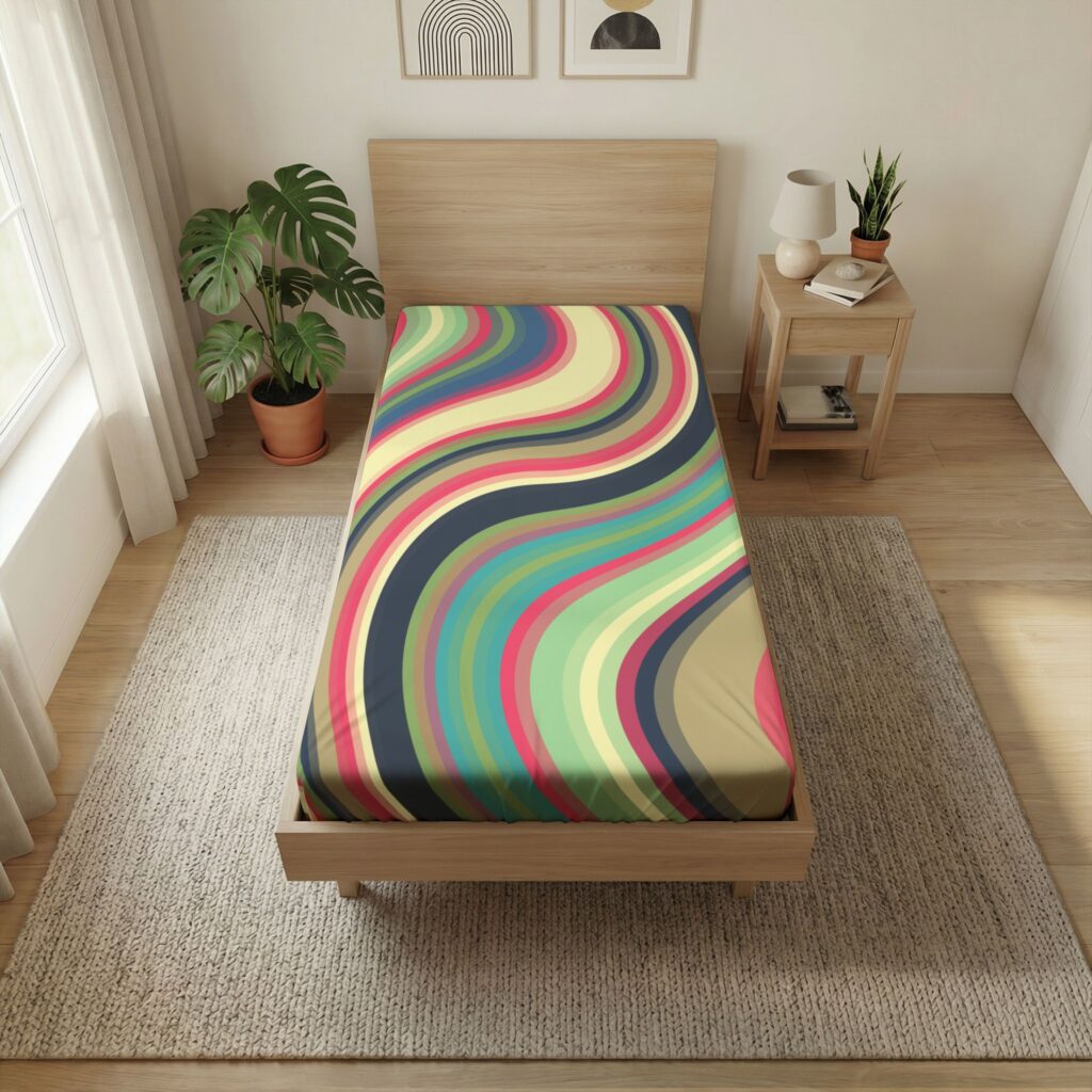 Retro Swirl Twin Flat Sheet — Colorful Wavy Pattern Bedding