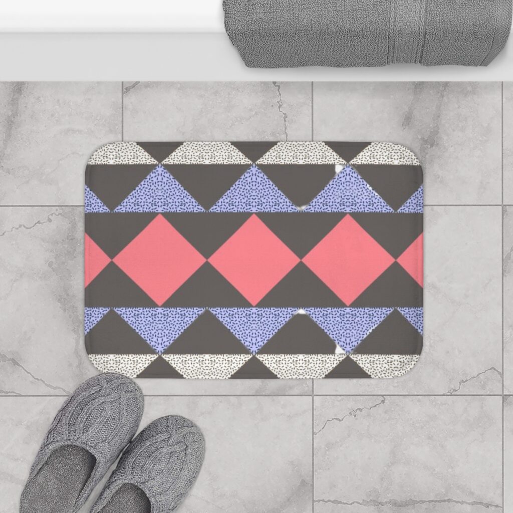 Geometric Retro Bath Mat — Pink Diamond & Speckled Triangle Pattern