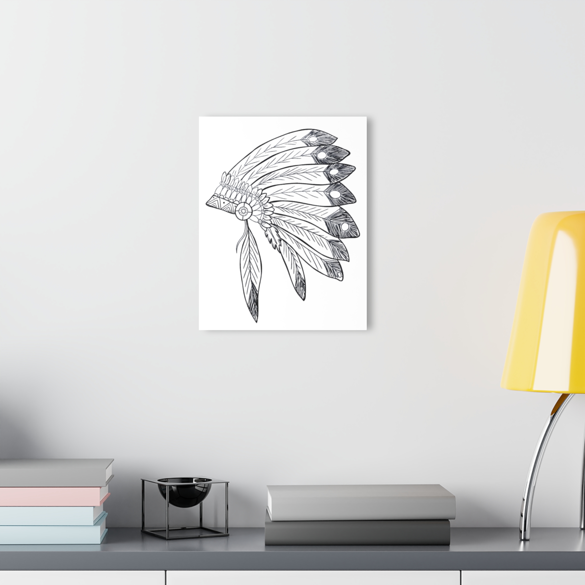 Acrylic Wall Art - Hand-Drawn Feather Headdress Print (French Cleat) - Image 9