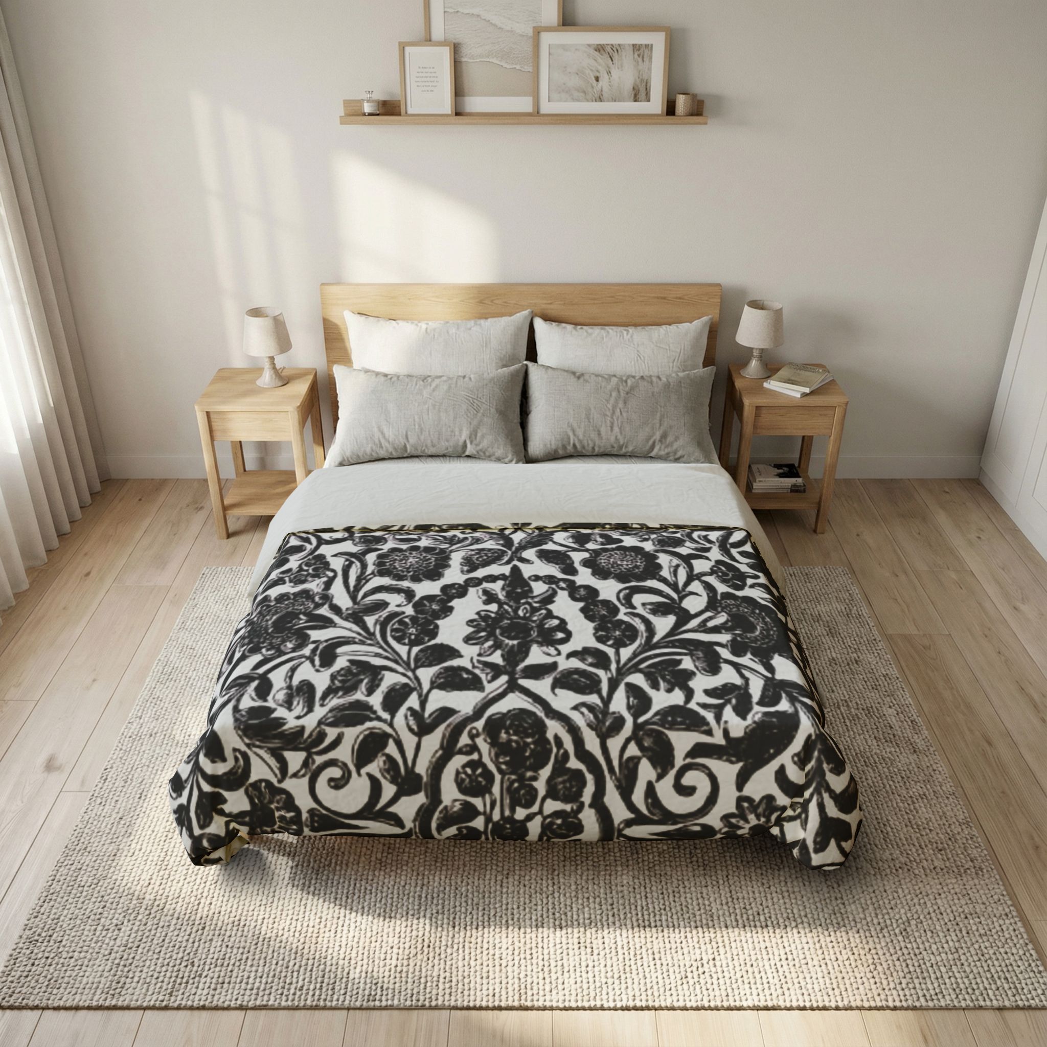 Black and White Botanical Damask Cotton Duvet Cover - Image 7