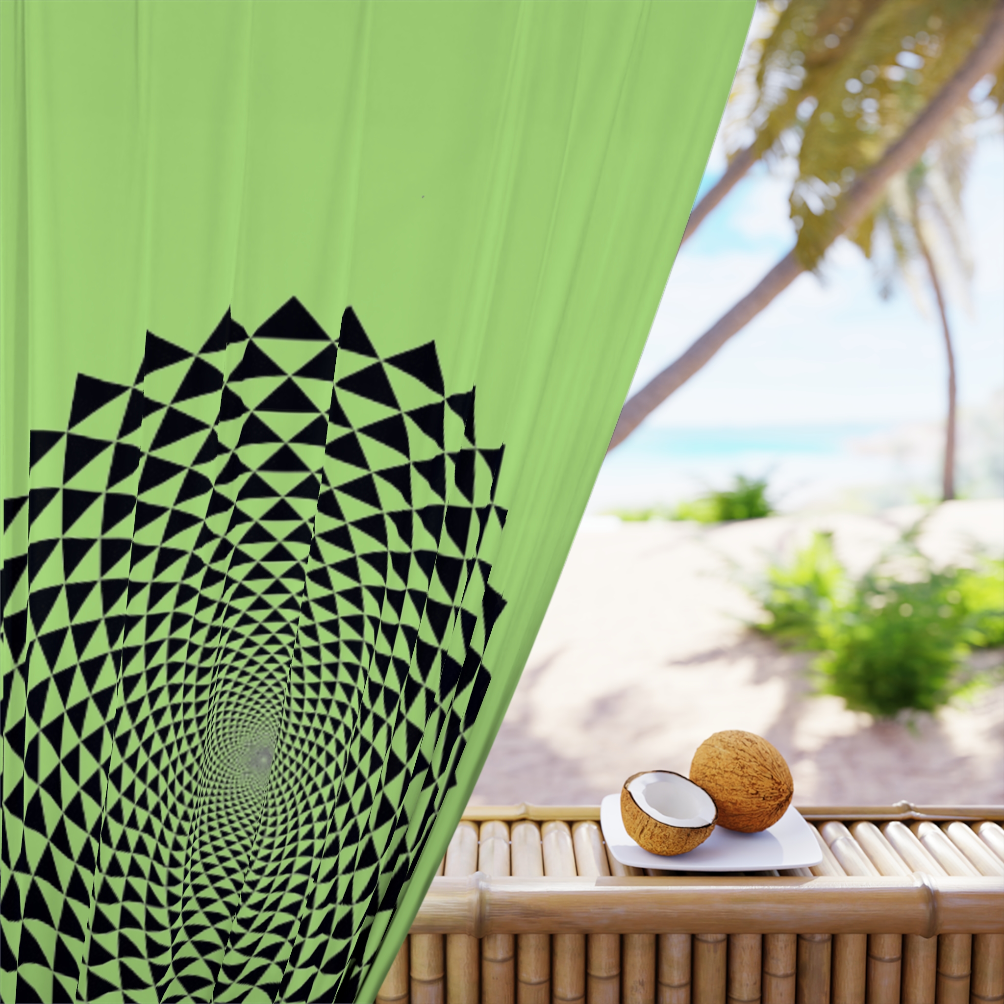 Geometric Spiral Window Curtain - Green Black Optical Print - Image 4