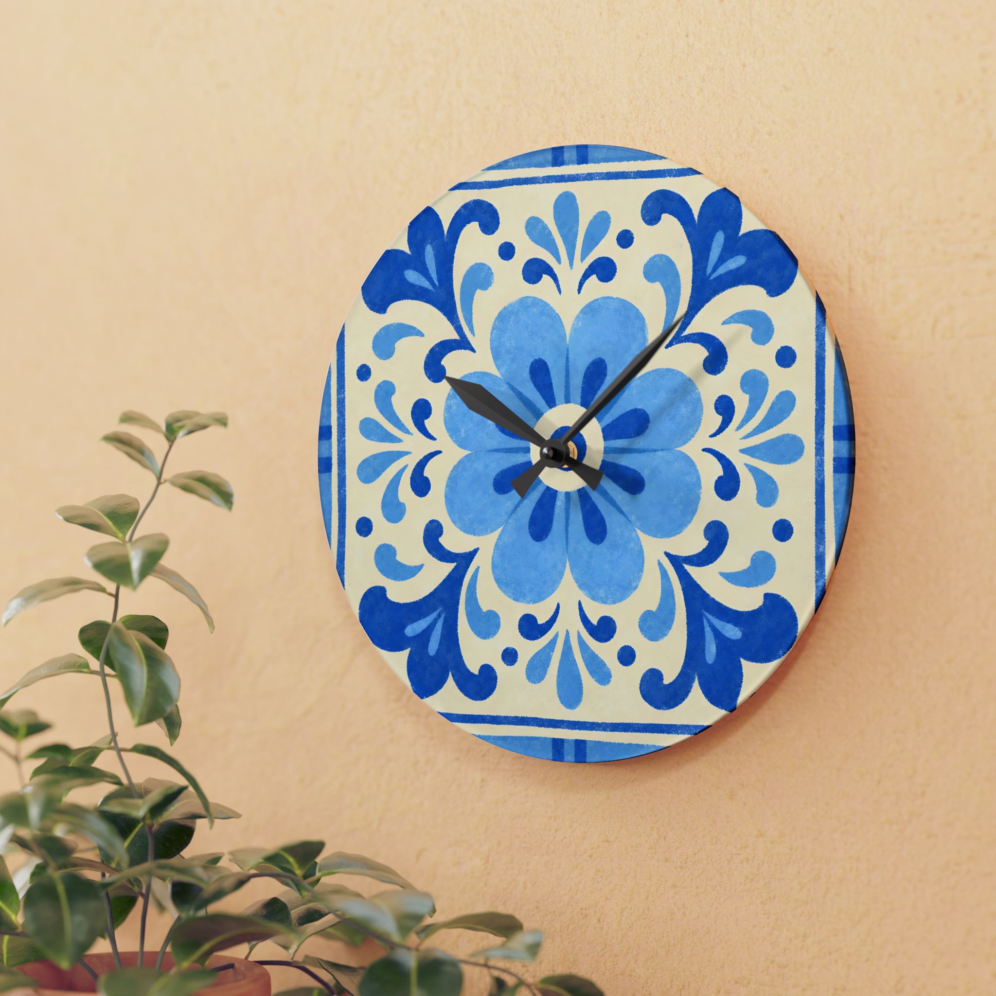 Blue Floral Ceramic-Style Acrylic Wall Clock - Image 11