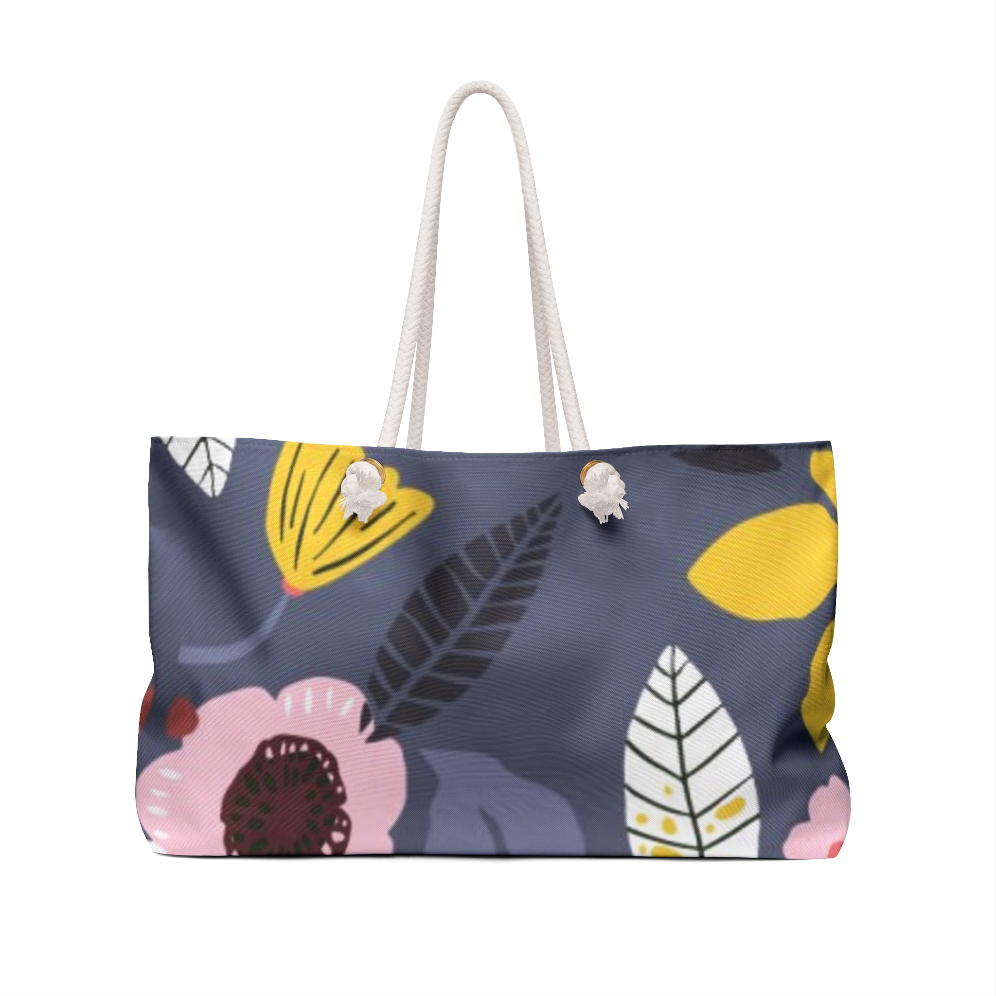 Navy Floral Pattern Weekender Bag | Yellow Pink Botanical Tote - Image 2
