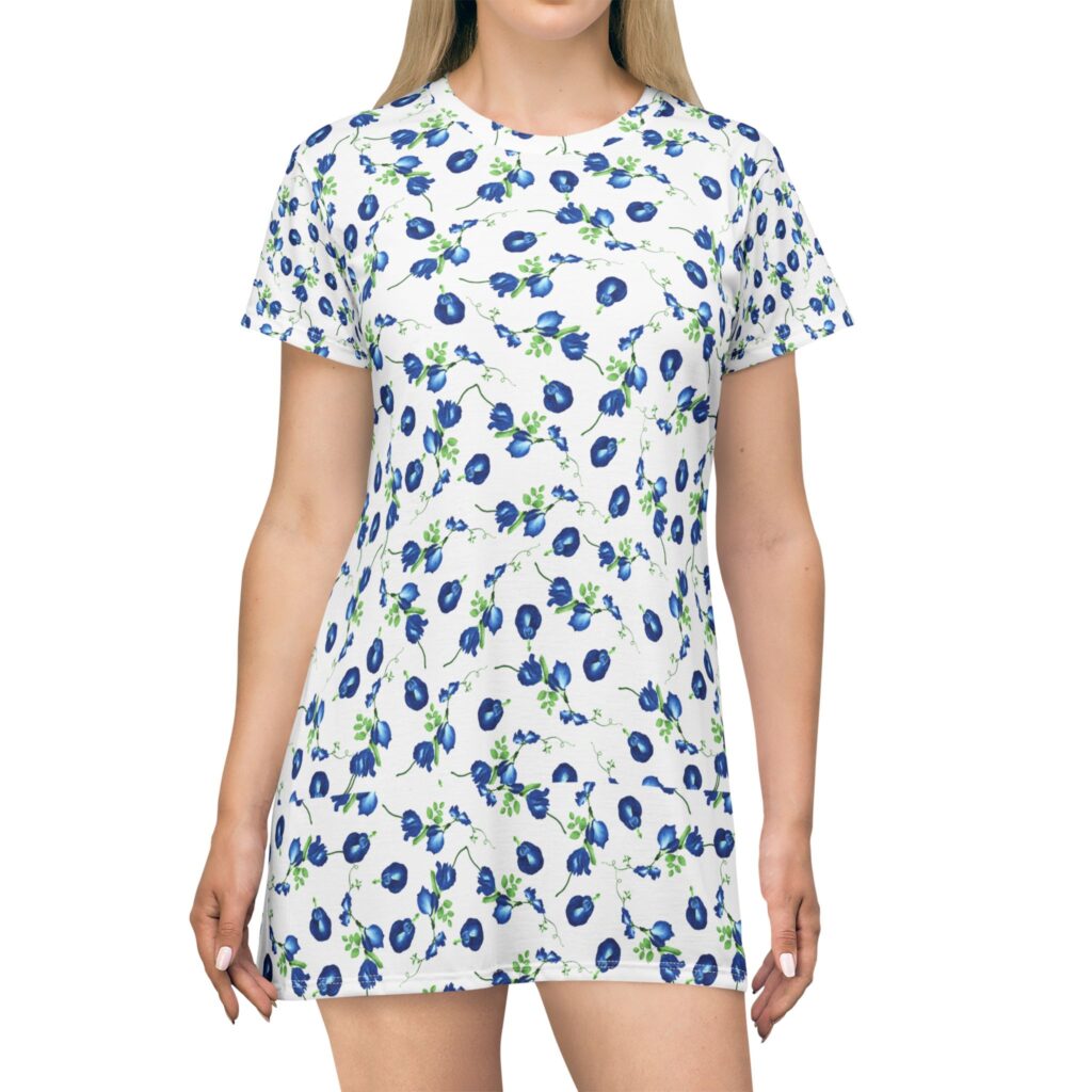 Blueberry Floral Print T-Shirt Dress | All-Over Pattern