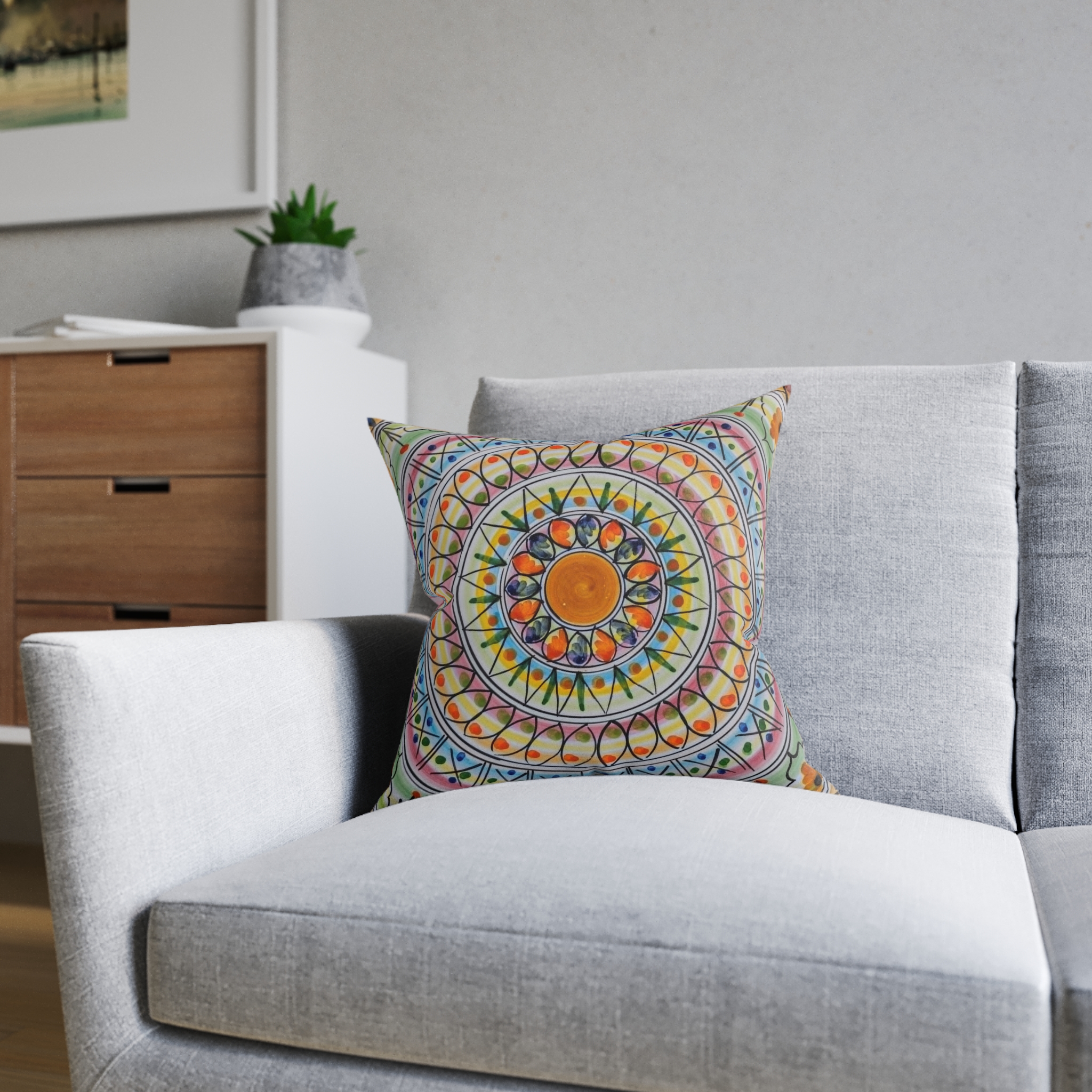Bohemian Mandala Square Pillow — Colorful Geometric Decorative Cushion