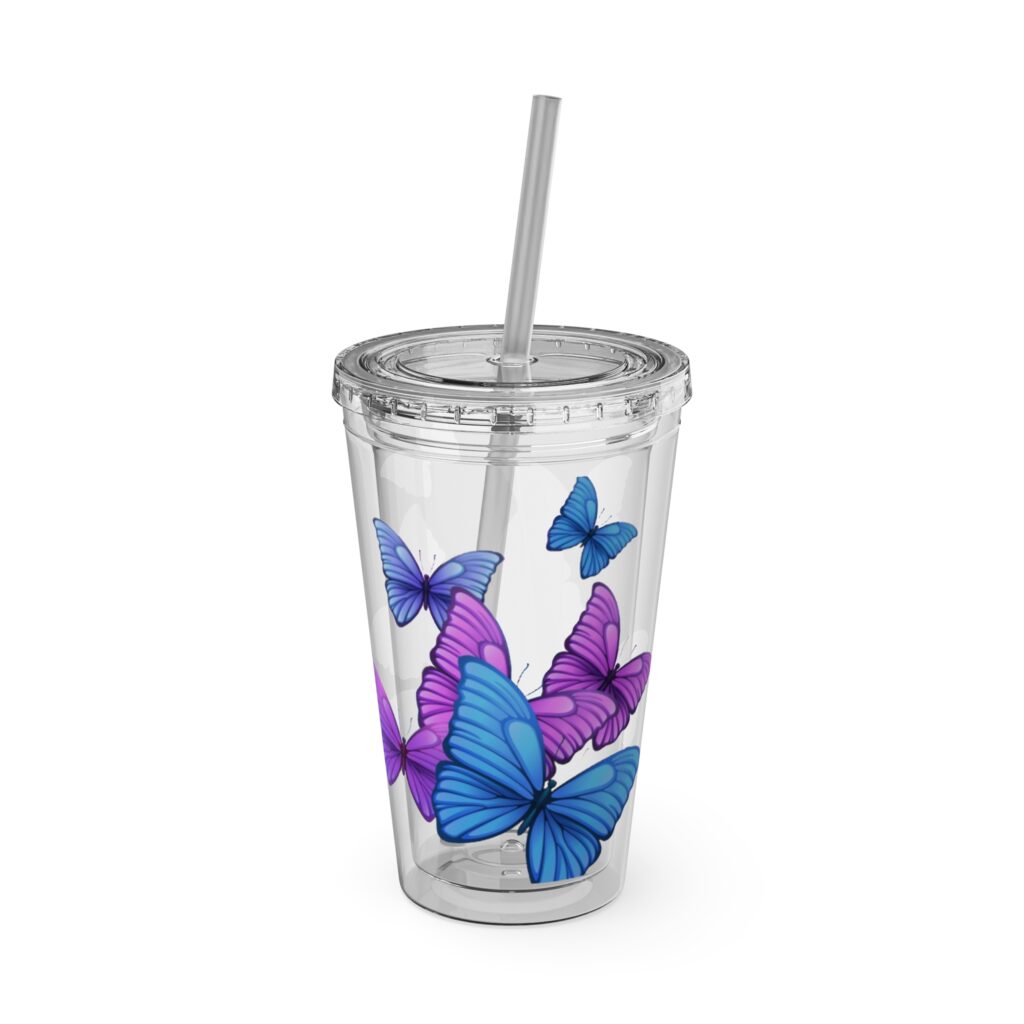 Butterfly Clear Tumbler with Straw — 16oz Purple & Blue Wings