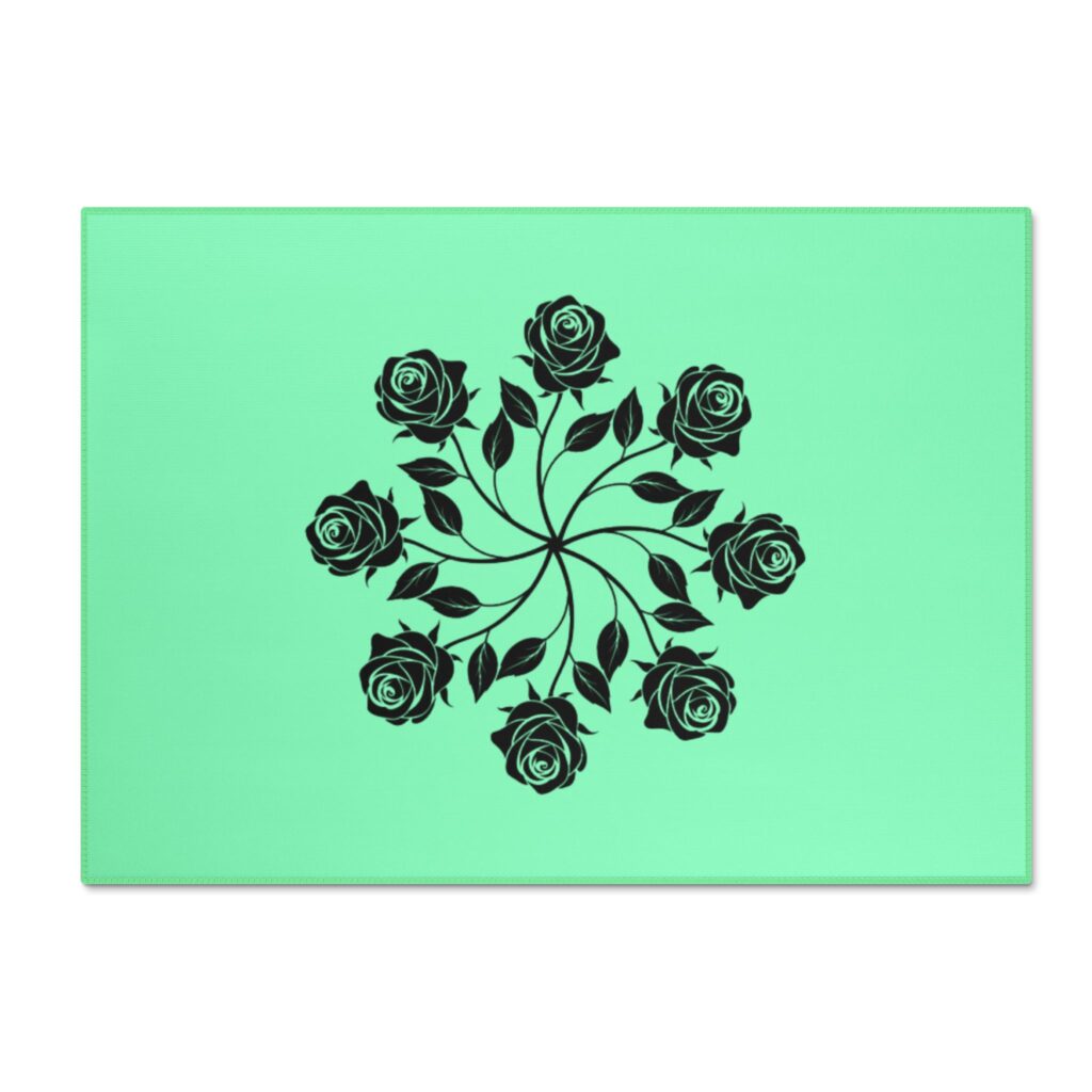Chenille Rug — Black Rose Mandala on Mint Washable Accent Rug