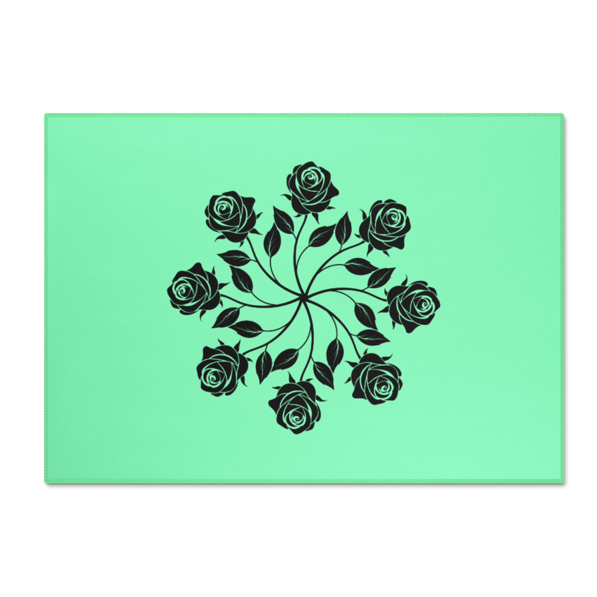Chenille Rug — Black Rose Mandala on Mint Washable Accent Rug